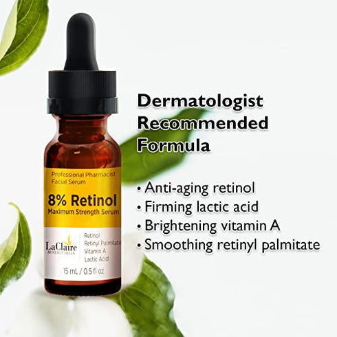 8% Retinol Complex Face Serum – Anti-Aging, Brightening Neck & Facial Serum Helps Firm, Smooth, & Nourish Skin with Lactic Acid, Vitamin A, & Retinyl Palmitate – Anti Wrinkle Serums by LaClaire, 15 ml