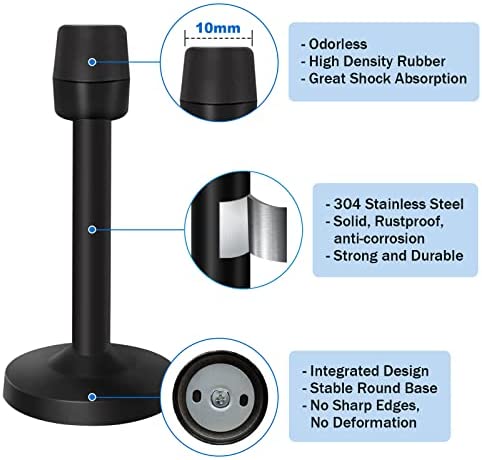 Door Stops 2 Pack, Brushed Satin Door Stopper Mute Solid Rigid Door Stop with No Odor Rubber Tip, 4 inch Heavy Duty Nickel Rubber Door Holder, Black Doorstops