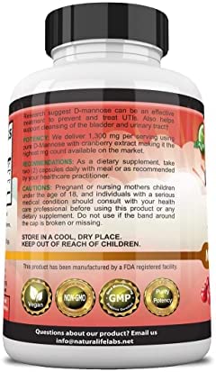 D-Mannose 1,300 mg with Cranberry Extract Fast-Acting, Flush Impurities, Natural Urinary Tract Health- 100 Veggie Capsules