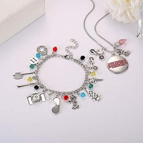 2PC Stranger Themed Charm Bracelet And Necklace Set Best Things for Kids Girls Teens Women Men for Collection Halloween Cosplay Gifts