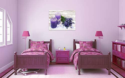 Canvas Wall Art for Bathroom Purple Candles and Lavender Flower Painting Pictures Print on Canvas Prints Ready to Hang Wall Decor for Living Room Bedroom Decoration Modern Home Decor Artwork