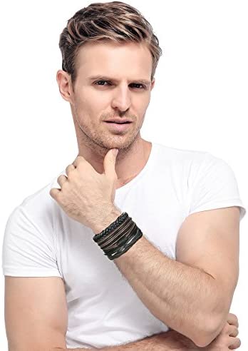 Jstyle 12Pcs Braided Bracelet for Men Beaded Bracelets Wrap Leather Wooden Bracelets Adjustable