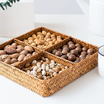 Woven Seagrass Storage Basket with 4 Divided Sections, Wicker Basket Bin Organizer Divider for Drawer / Closet / Shelf / Dresser