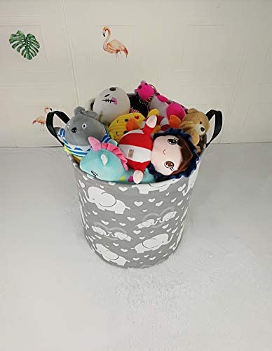 DUYIY Canvas Storage Basket with Handle Large Organizer Bins for Dirty Laundry Hamper Baby Toys Nursery Kids Clothes Gift Basket (love elephant)