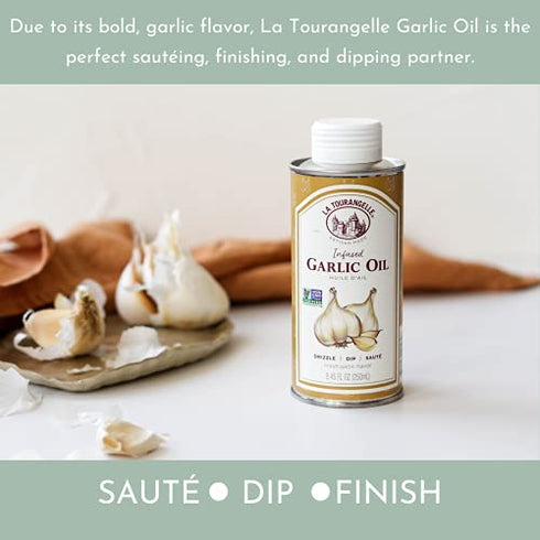 La Tourangelle, Garlic Infused Sunflower Oil, High Oleic Oil for Cooking Pastas, Salad Dressings, Drizzle on Popcorn, Irresistible Aroma and Flavor, 8.45 fl oz