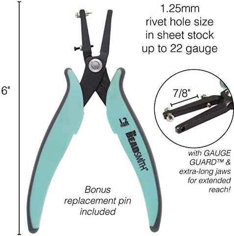 The Beadsmith 1.25mm Metal Hole Punch Pliers, with Gauge Guard to create clean holes, free of indents, ideal for 1.3mm rivets, cold connection, 22 gauge Sheet Metal or thinner, NOT INTENDED FOR THICKER METAL
