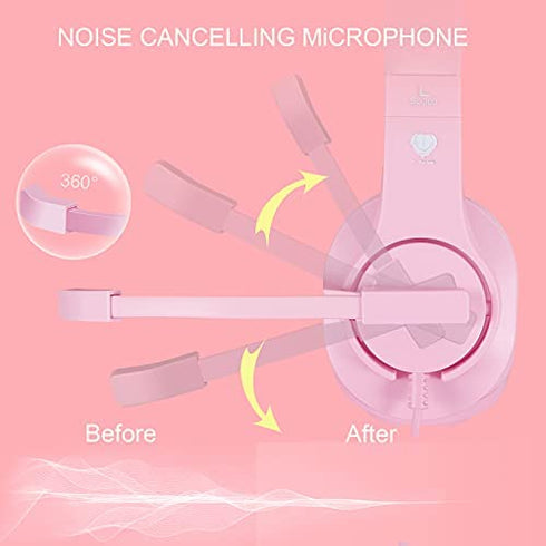 Gaming Headset for PS5,PS4,Xbox,PC, Kids Headphones with Mic for School Supplies,Pink Headphones Wired for Girls,Headset for Nintendo Switch,Pink Headset (Pink)