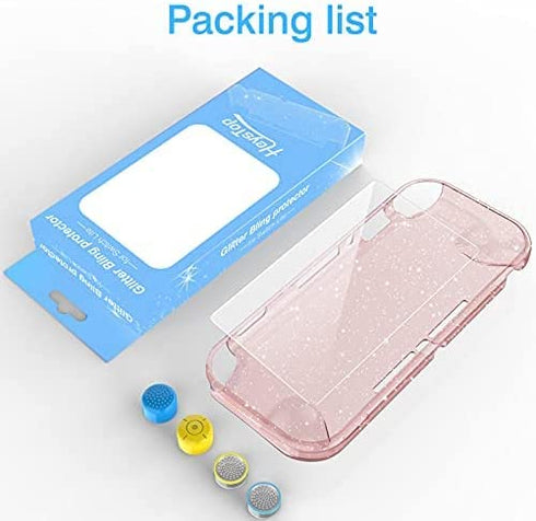 HEYSTOP Switch Lite Pink Cover Case for Girls, Glitter Bling TPU Protective Case with HD Tempered Glass Screen Protector and Thumb Grips with Shock-Absorption/Anti-Scratch Design - Glitter Bling