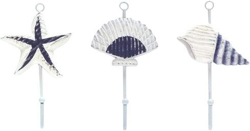 Assorted Weathered Wood Nautical Seashell Wall Hooks with Metal Hanger, Sets of 3, 7 1/4 Inch