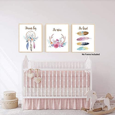 KAIRNE Girls Boho Tribal Art Print,Dreamcatcher Feathers Flowers With Inspirational Quote Wall Poster Picture,Set Of 6(8X10“ Unframed) Watercolor Positive Affirmation Words Bohemian Canvas Poster