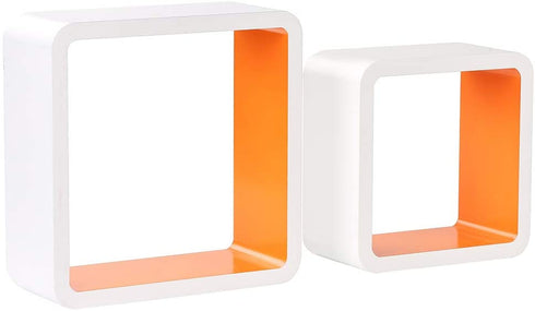 Homewell Set of 2 Cube Floating Shelves, Wood Wall Shelves for Home Decoration, Storage Display Rack, White+Orange.
