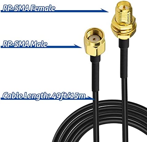 Bingfu WiFi Antenna Extension Cable 50 feet RP-SMA Male to RP-SMA Female Bulkhead Mount Double Shielded Low Loss -100 Cable for WiFi Wireless Router Hotspot Security IP Camera