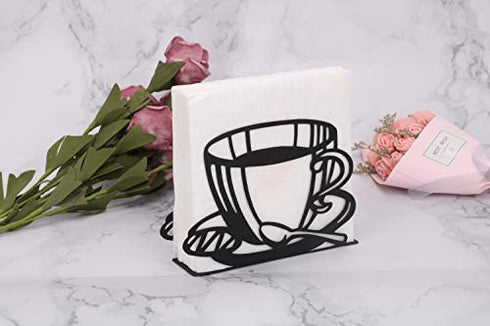 Paper Napkin Holder Stand for Kitchen Tables and Counter Tops | Black Galvanized Napkin Caddy | Coffee House Restaurant Décor (Coffee Cup)