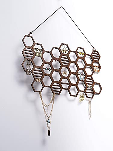 Heesch Hanging Earring Holder Honeycomb Earring Organizer Wall Mount Earring Display Wood Hanging Jewelry Organizer for Stud Earrings, Necklaces (Walnut)