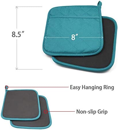 YEKOO Cotton and Neoprene Oven Pads Pot Holders with Pocket 8"x8.5" Dual-Function Hot Pad Set for Finger Hand Wrist Protection Heat Resistant to 428°F Teal