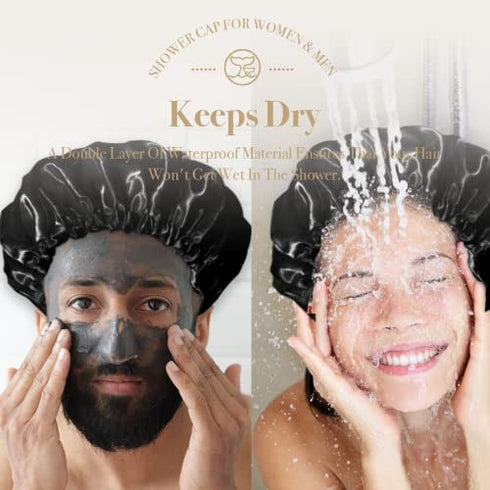 Shower Cap for Men Reusable Extra Large Shower Cap for Women (Black 4 Pack Large) Satin Double Layer EVA Waterproof Long Hair Cap