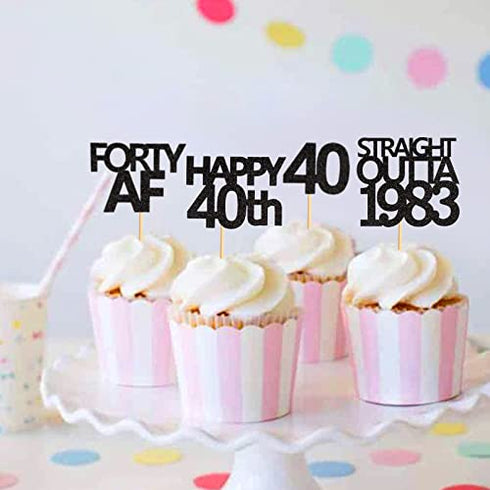 Keaziu 48 Pack Black 40th Birthday Cupcake Toppers Straight Outta 1983 Cupcake Toppers Happy 40th Cupcake Toppers Forty AF Cupcake Toppers 40 Years Birthday Party Decoration | black 1983