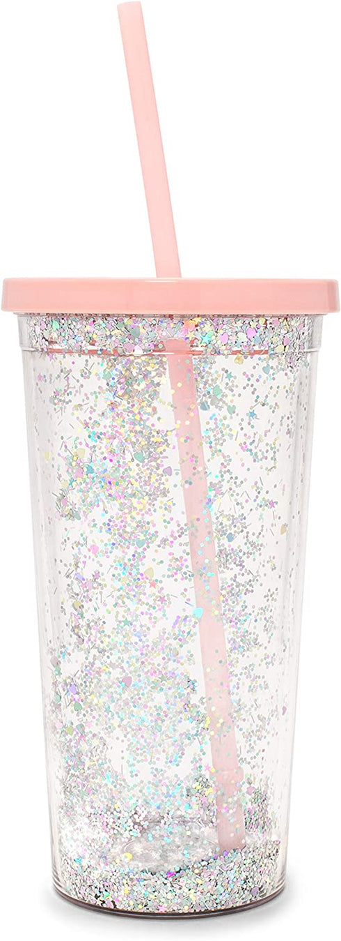 Ban.do Deluxe Glitter Sip Sip Insulated Tumbler with Reusable Straw, 20 Ounce Travel Cup with Lid, Glitter Bomb