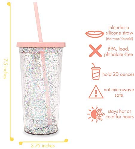 Ban.do Deluxe Glitter Sip Sip Insulated Tumbler with Reusable Straw, 20 Ounce Travel Cup with Lid, Glitter Bomb
