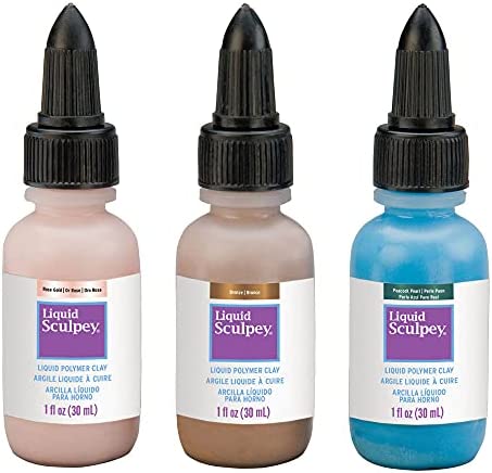 Liquid Sculpey Liquid Polymer Oven-Bake Clay, Glam Metallic Sampler Pack, Three 1 oz. bottles included, Rose Gold, Peacock Pearl and Bronze, Great for jewelry, DIY, mixed media and more!