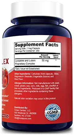 Lycopene & Lutein Complex 50mg 200 Veggie Capsules (Non-GMO & Gluten Free)