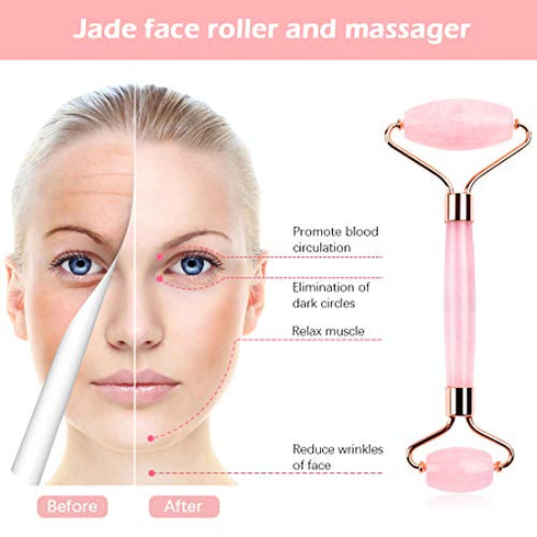 Deciniee Rose Quartz Face Roller,Authentic Jade Roller for Face Massage Gift Set,Anti-aging Facial Roller Jade and Rose Quartz Beauty Eye Roller-Rejuvenate Skin and Remove Wrinkles