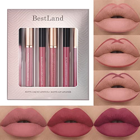 BestLand 6Pcs Matte Liquid Lipstick and Lip Liner Set, Non-Stick Cup Not Fade Waterproof Nude lipstick Makeup Kits Velvety Nude Lipliner Lip Gloss Make Up Gift Set (Set A)