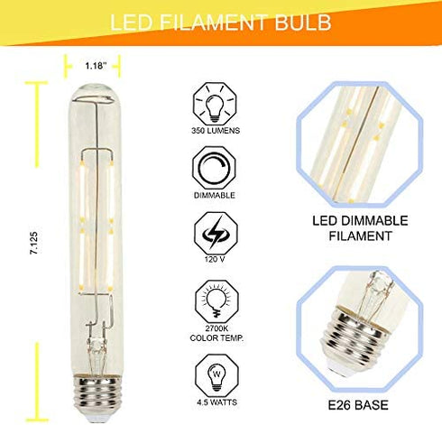 Led tube light, Long light bulb, Led filament bulb, Dimmable led tube, Desk lamp bulb, Vintage led lighting, 4.5 Watt (60 Watt Equivalent) T9 Dimmable Filament LED Light Bulb 2700K Clear E26 Base