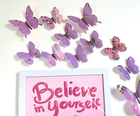 48pcs Purple Butterflies Wall Decoration, 3D Butterflies Wall Stickers for Girl Bedroom, Removable Butterflies Decor