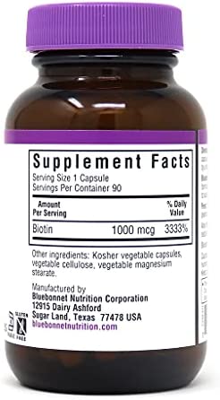 Bluebonnet Nutrition Biotin 1000 Mcg Vegetable Capsules, Biotin is a B Vitamin That Helps Make Keratin, Vegan, Vegetarian, Non GMO, Gluten Free, Soy Free, Milk Free, Kosher, 90 Vegetable Capsules