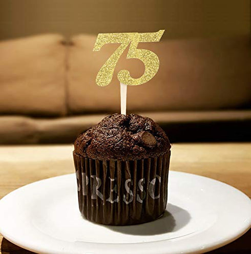 24 PCS Number 75 Cupcake Toppers Gold Glitter 75th Birthday Cupcake Picks Birthday Anniversary Party Decorations Supplies