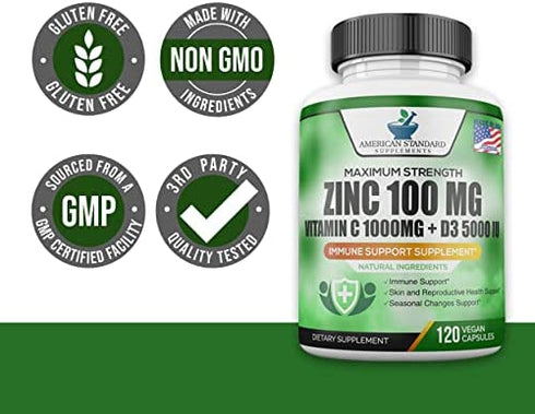 Zinc 100mg, Vitamin C 1000mg, Vitamin D 5000IU per Serving, Immune Support for Adults, Immune System Booster Supplements, Non GMO, No Filler, No Stearate, 120 Vegan Capsules, 60 Day Supply