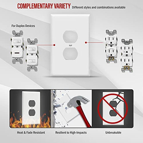 ENERLITES Duplex Receptacle Outlet Wall Plate, Jumbo Outlet Covers, Gloss Finish, Oversized 1-Gang 5.5" x 3.5", Polycarbonate Thermoplastic, 8821O-W, White