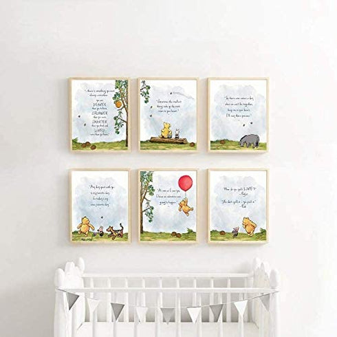 HerZii Prints Classic Winnie The Pooh Wall Art Decorations Set of 6 5x7 inch - Nursery Playroom Home Decor - Baby Shower Decorations