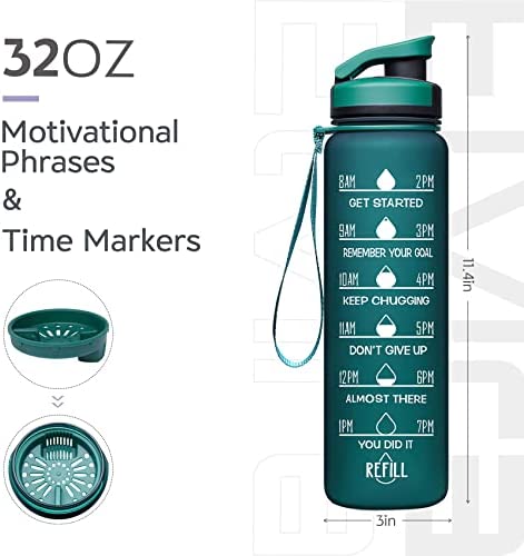 Elvira 32oz Large Water Bottle with Motivational Time Marker & Removable Strainer,Fast Flow BPA Free Non-Toxic for Fitness, Gym and Outdoor Sports