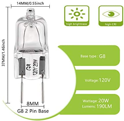 G8 Halogen Light Bulbs 20Watt 120Volt Halogen Light Bulb G8 Base Bi-Pin Shorter 1-3/8" (1.38") Length 20W T4 JCD Warm White Under Cabinet Puck Lighting Replacements,12Pack