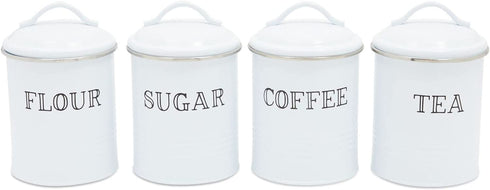 Farmhouse Canister Set, White Metal Kitchen Containers with Lids (4 x 6.3 In, 4 Pack)