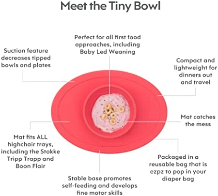 ezpz Tiny Bowl - 100% Silicone Suction Bowl with Built-in Placemat for First Foods + Baby Led Weaning - Fits on All Highchair Trays - 4 Months+ (Coral)