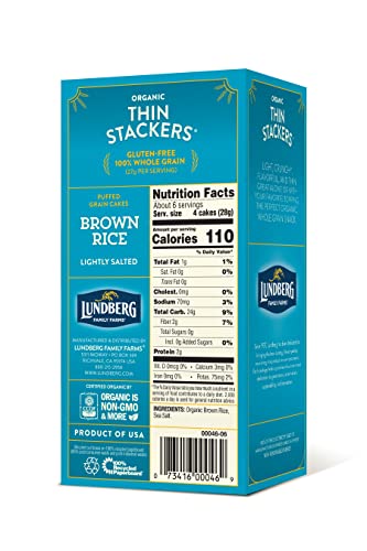 Lundberg Organic Thin Stackers, Brown Rice, Lightly Salted, 6 oz (Pack of 1), Thin Rice Cakes, Gluten-Free, Vegan, Healthy Snacks