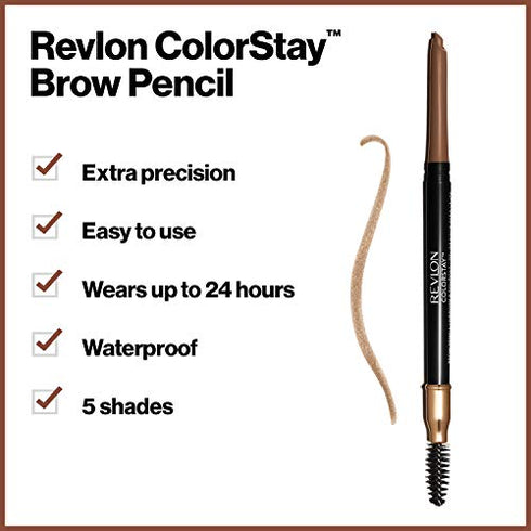 Eyebrow Pencil by Revlon, Colorstay Eye Makeup with Eyebrow Spoolie, Waterproof, Longwearing Angled Precision Tip, 210 Soft Brown, 0.01 Oz