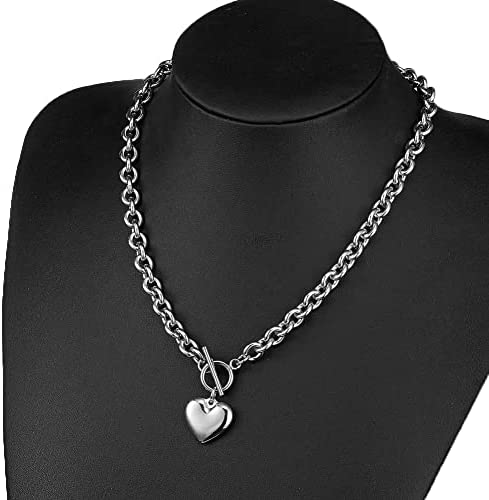 Silver 18k Gold Rose Gold Plated Charm Chunky Stainless Steel Chain Heart Toggle Choker Bracelet Necklace Set for Womens Girls Fashion Valentine Jewelry Set