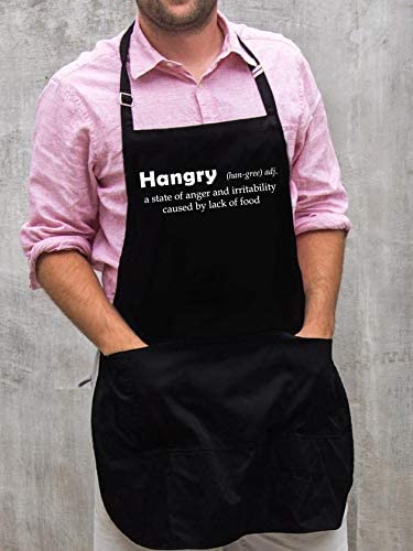 ApronMen - Hangry Definition - Funny BBQ Apron for Dads - 1 Size Fits All Chef Quality Cotton 4 Utility Pockets, Adjustable Neck and Extra Long Waist Ties - Black Color