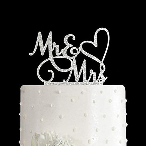 AMINJIE Mr and Mrs Cake Topper, Bride and Groom Sign Wedding/Engagement Cake Toppers Decoration, Silver Glitter Acrylic