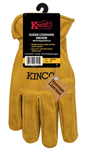 Kinco - Unlined Suede Cowhide Leather Work Gloves, Heavy Duty Reinforced Palm, Extremely Durable, Easy-On Cuff, Fitted Elastic Wrist, (Style No. 97)