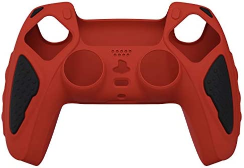 PlayVital Knight Edition Passion Red & Black Two Tone Anti-Slip Silicone Cover Skin for ps5 Controller, Soft Rubber Case for ps5 Wireless Controller with Thumb Grip Caps