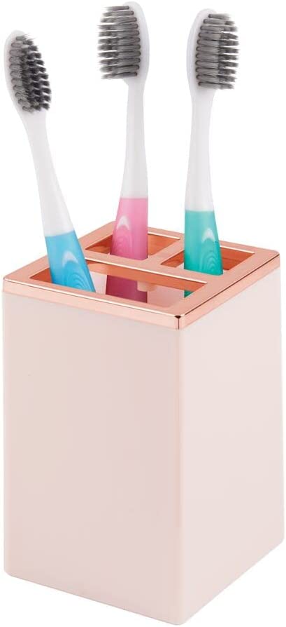 mDesign Square Plastic Bathroom Vanity Countertop Accessory Set - Includes Soap Dispenser Pump, Divided Toothbrush Holder, Tumbler Rinsing Cup, Soap Dish - 4 Pieces - Light Pink/Rose Gold