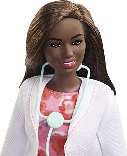 Barbie Doctor Doll (12-in/30.40-cm), Brunette Hair, Curvy Shape, Doctor Coat, Print Dress, Stethoscope Accessory, Great Toy Gift for Ages 3 Years Old & Up , White