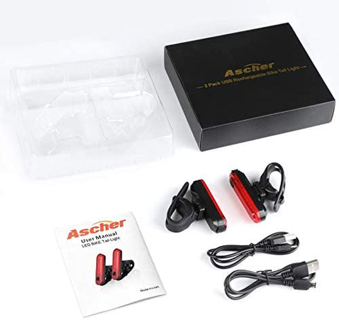 Ascher USB Rechargeable LED Bike Tail Light 2 Pack, Bright Bicycle Rear Cycling Safety Flashlight, 330mah Lithium Battery, 4 Light Mode Options, (2 USB Cables Included)