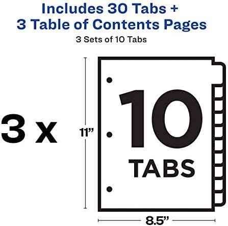 Avery 10-Tab Dividers for 3-ring Binders, Customizable Table of Contents, Classic White Tabs, 1 Set (11077)