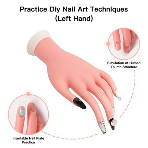 AORAEM Practice Hand for Acrylic Nails Kit Flexible Hand Model Left Bendable Mannequin Nail Training Hand for Nail Practice Beginners 1 PCS (Left hand)